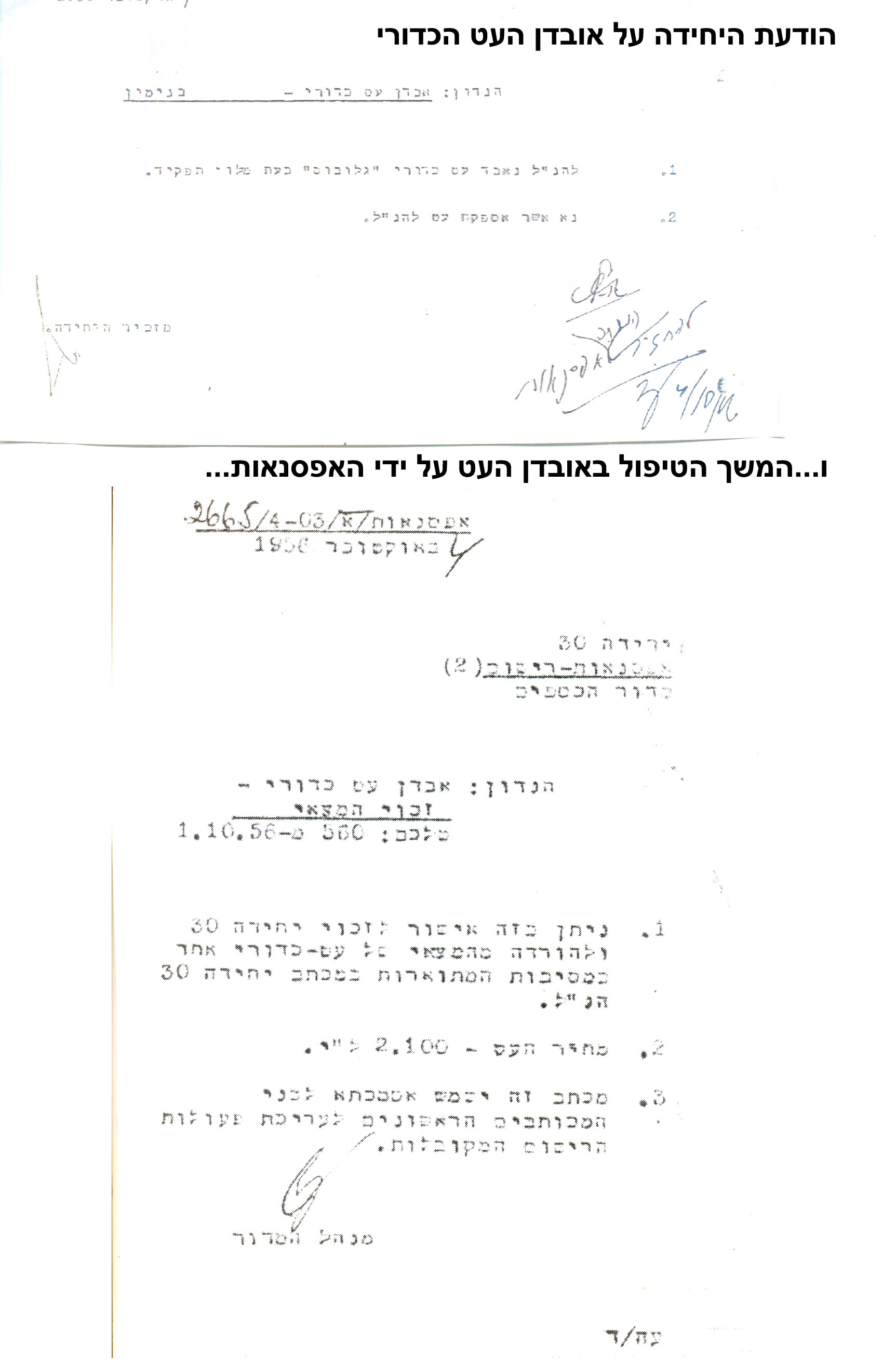 1956-חלופת מכתבים משעשעת המדגימה היחס לציוד בשנים ההם-בנימין, עובד שאיבד את "עט הגלובוס" שלו, מקבל אישור לקבל עט "גלובוס" חלופי מהאפסנאות...
